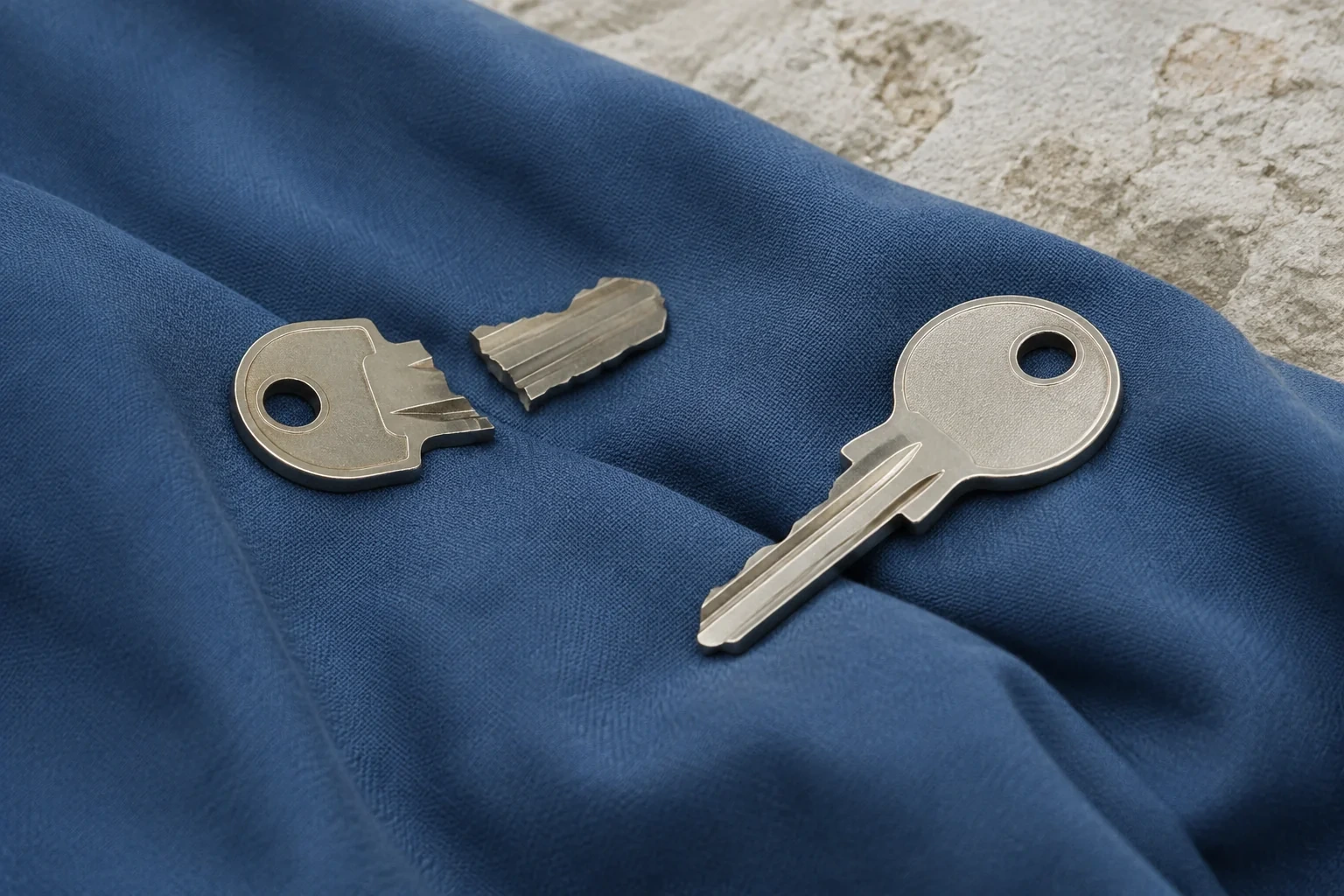 An intact key and a key broken into two pieces resting on blue cloth.