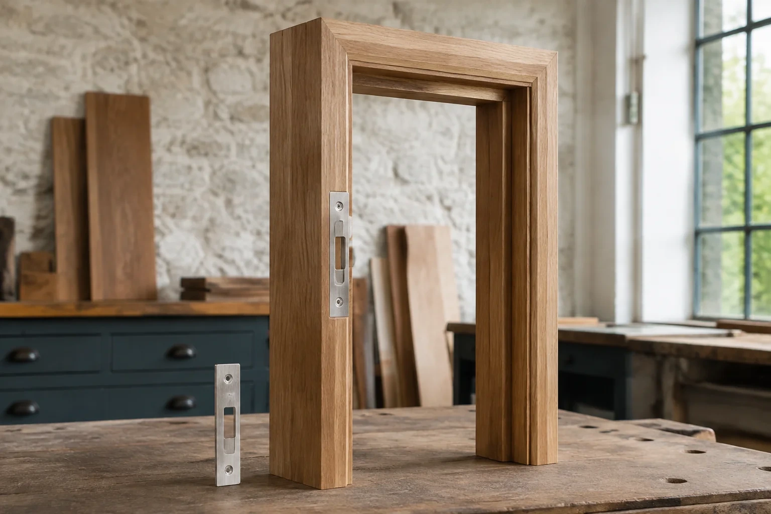 A wooden door-frame sample with a mounted metal strike plate and a loose plate standing beside it on a workbench.