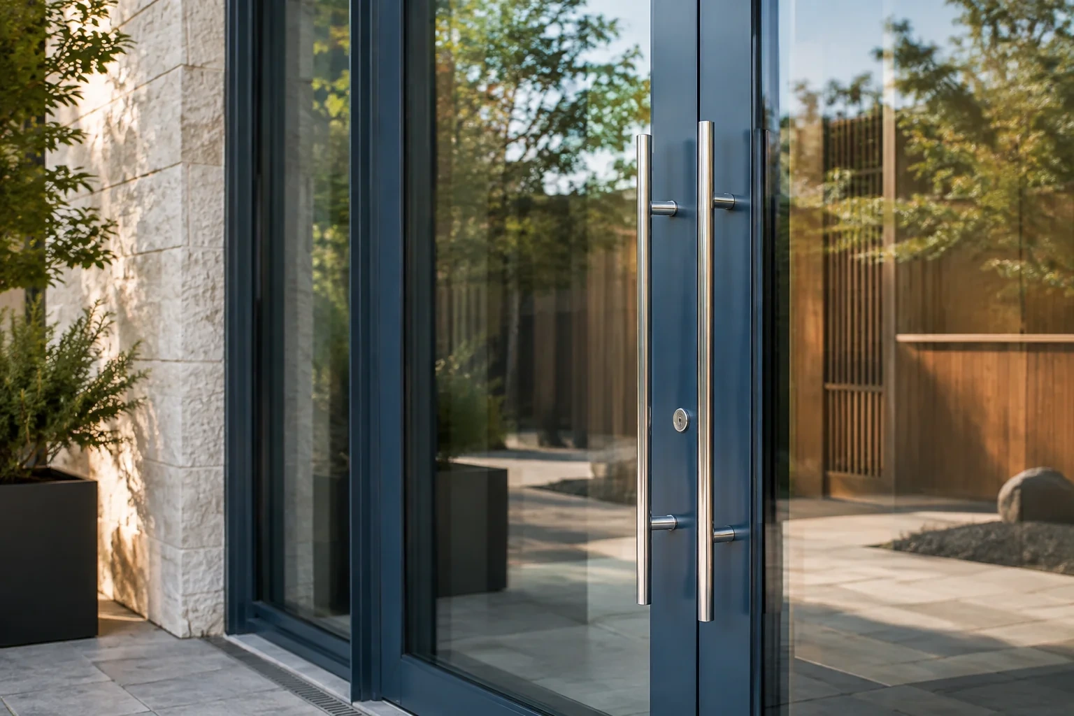 Dark-framed glass entrance doors with long silver-colored vertical pull handles and a round keyhole.