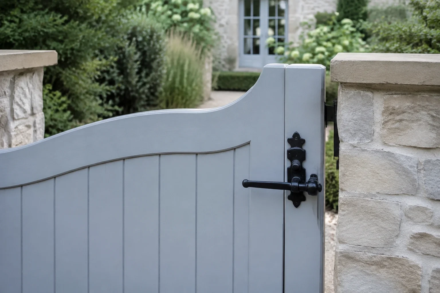 Pale blue garden gate with a black lever latch between light stone pillars.