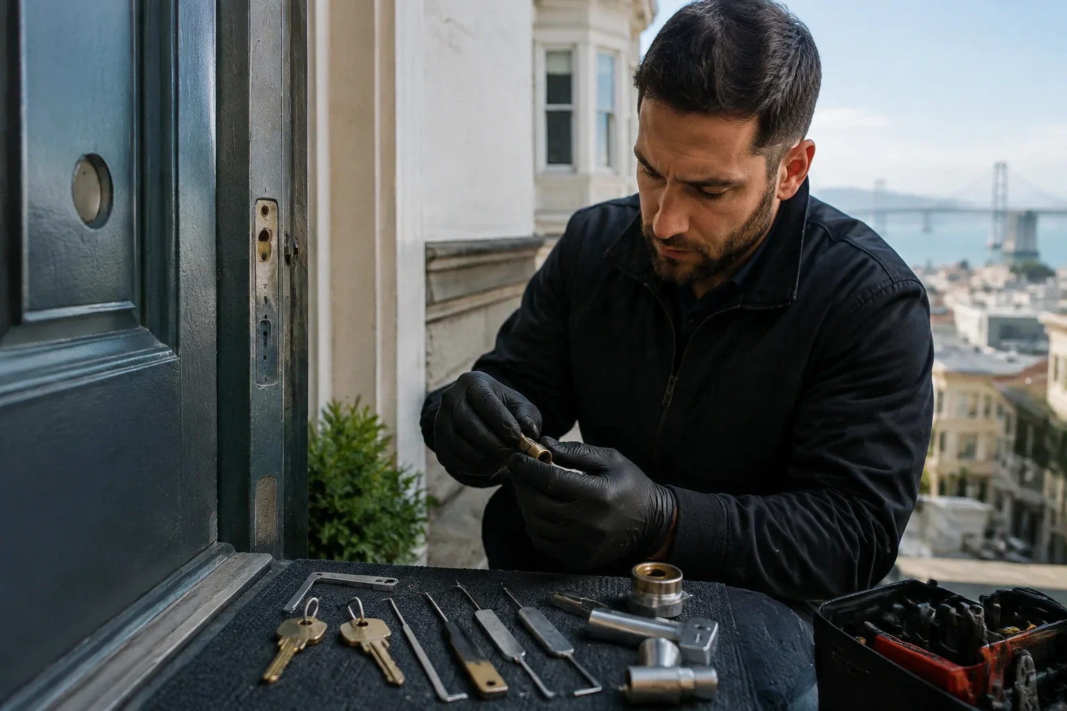 Person handling a small lock cylinder beside an open painted door, with keys, cylinders and slender tools on a cloth.