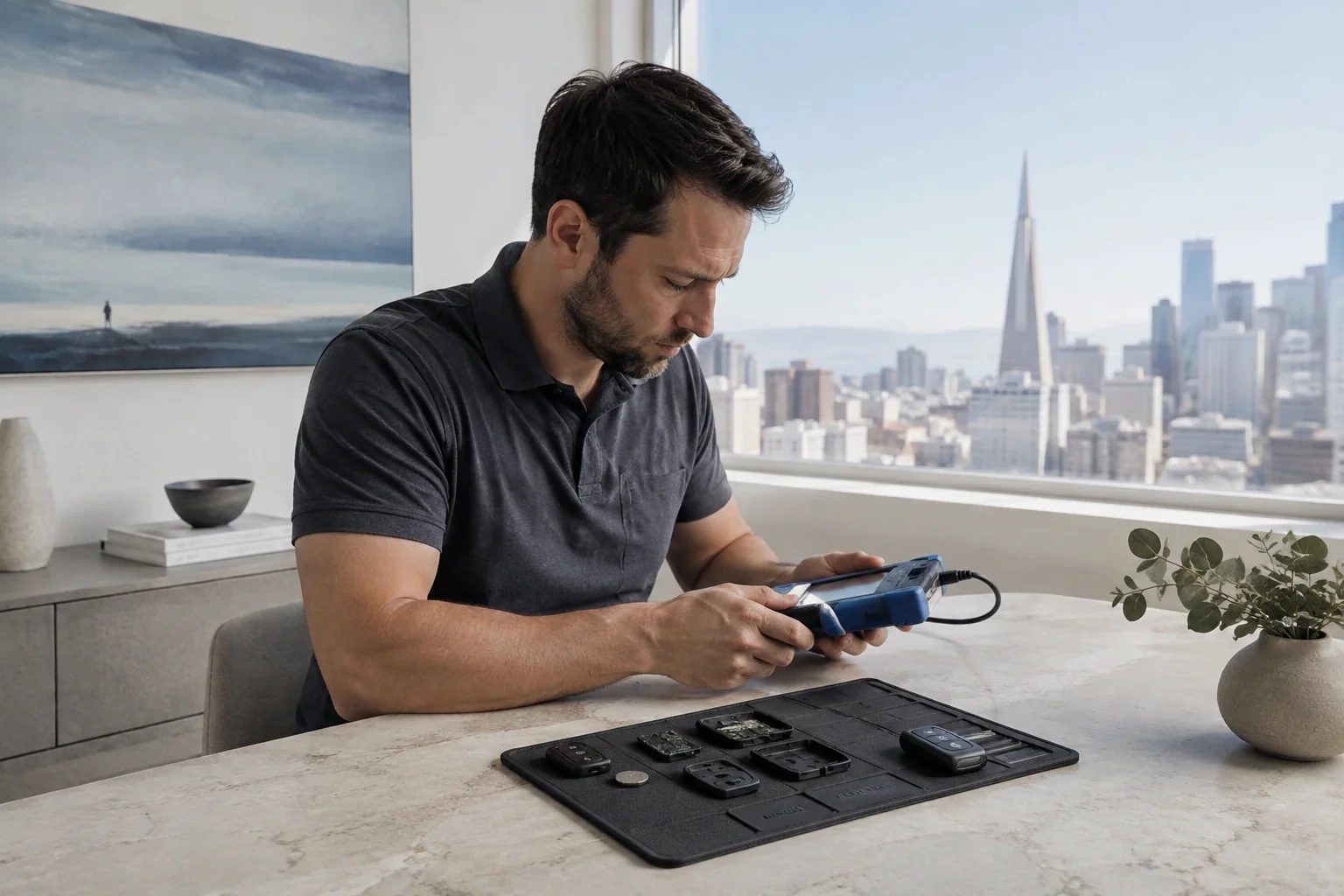 Person holding a blue electronic device at a table with opened key-fob housings, circuit boards and a coin-shaped battery on a mat.