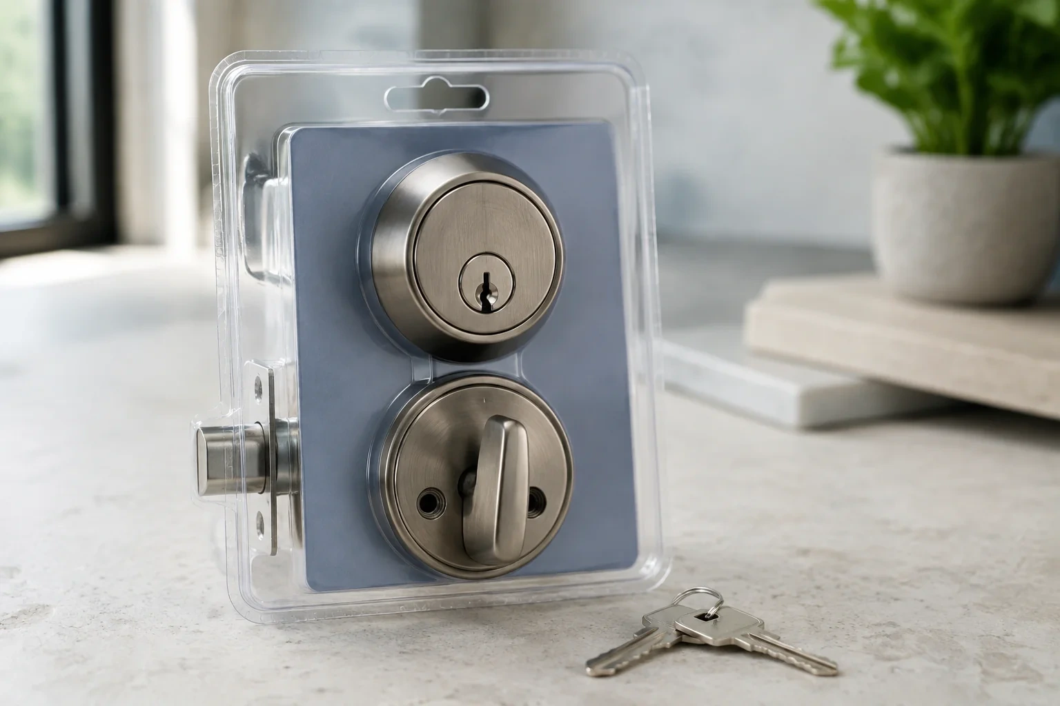 A silver-colored deadbolt set in clear packaging with two keys resting on the countertop in front.