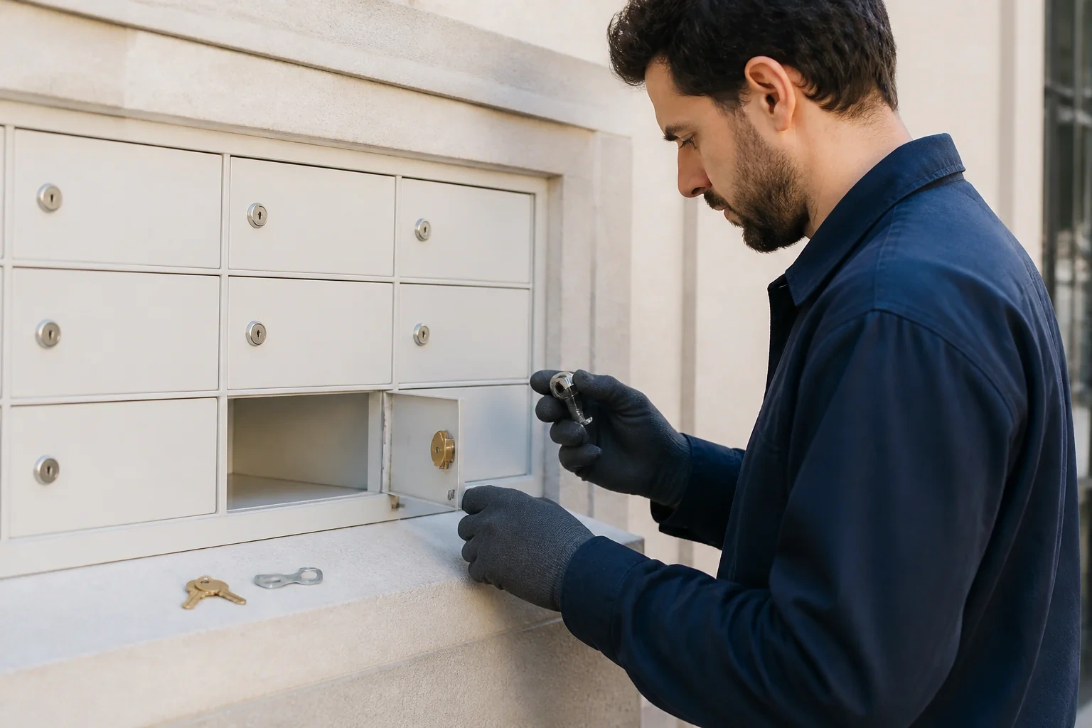 Person holding a small lock component beside an open compartment in a bank of white mailboxes, with keys on the ledge.