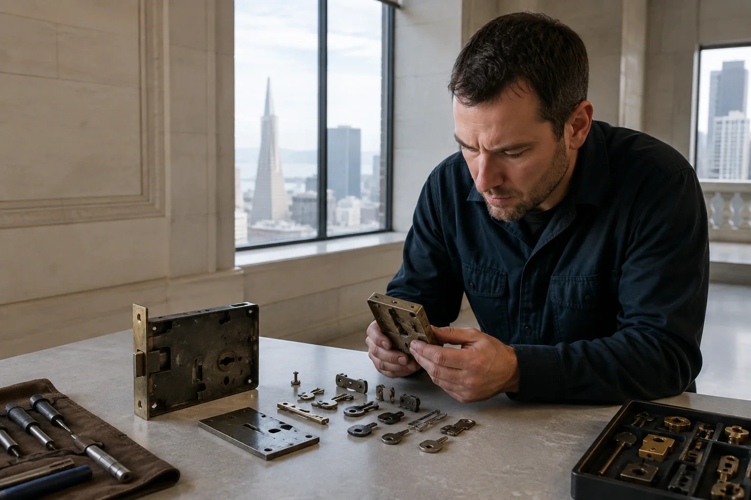 Person examining a rectangular lock plate at a table holding an open lock case, keys, loose components and hand tools.