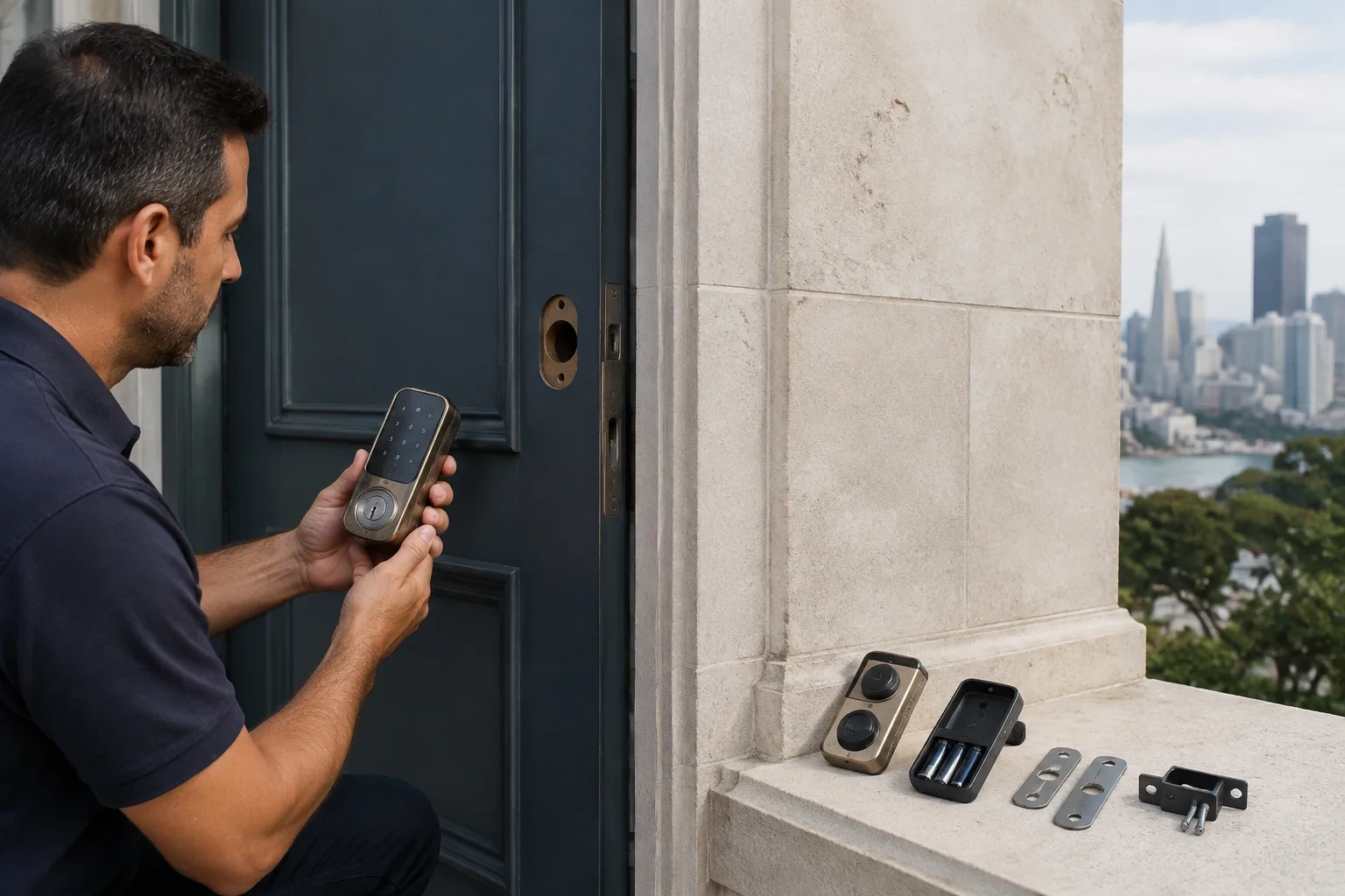 Person holding a keypad lock beside a door with exposed lock openings, with additional lock components on a stone ledge.
