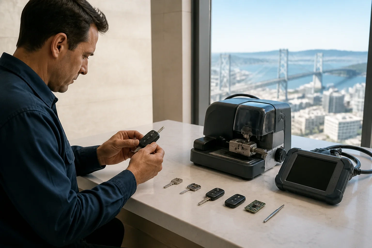 Person holding a car key beside a bench machine and electronic display, with keys and a circuit board arranged on the counter.